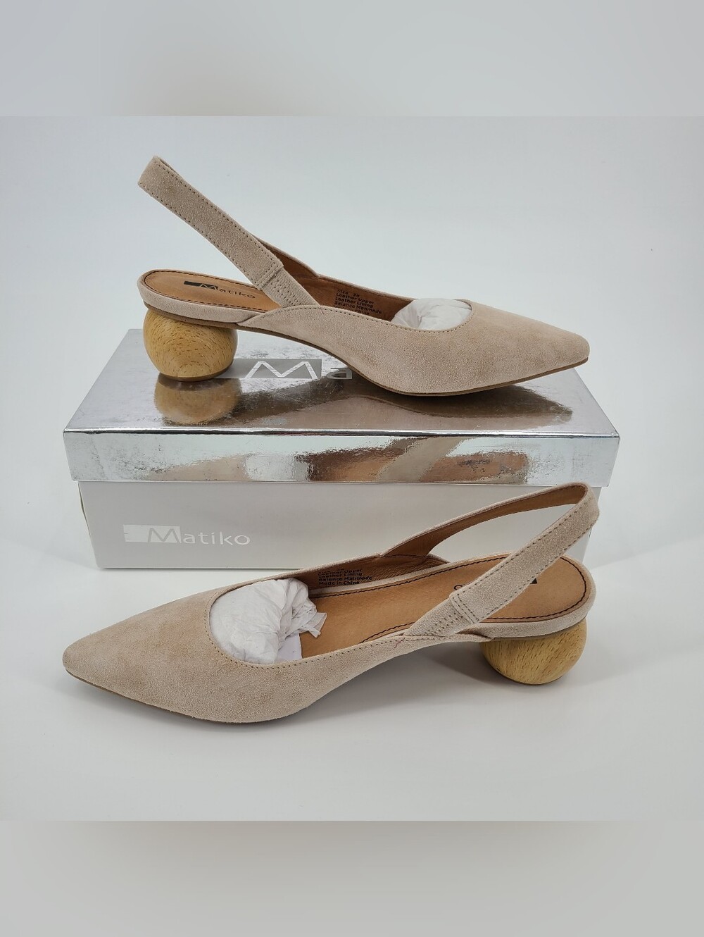 Matiko Beige Suede Slingback Pointed-Toe with Wooden Ball Heel Size 8